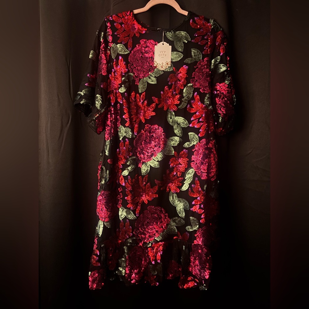 Ivy City Co Black Dress with Pink and Green Sequins